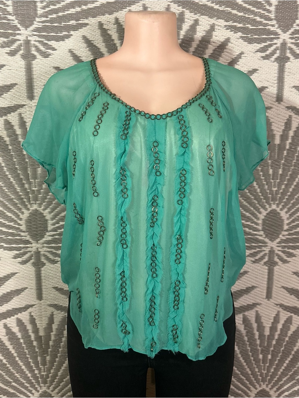 Silk Sheer Embellished Peasant Top Turquoise Boho Fairy Y2K M